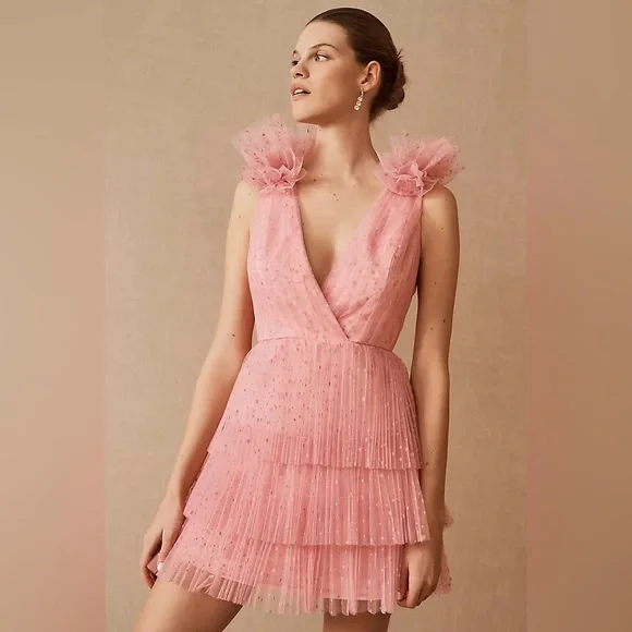 ML Monique Lhuillier Perrie Tiered Shoulder-Ruffle V-Neck Mini Dress - Picture 2 of 5